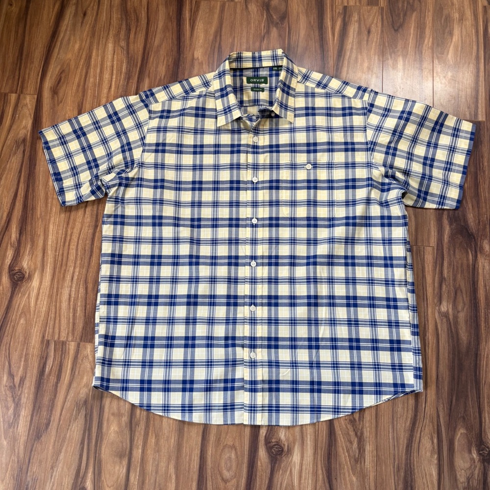 Orvis Mens XXL Short Sleeve Button Down Shirt Blue Yellow Plaid Wrinkle Free